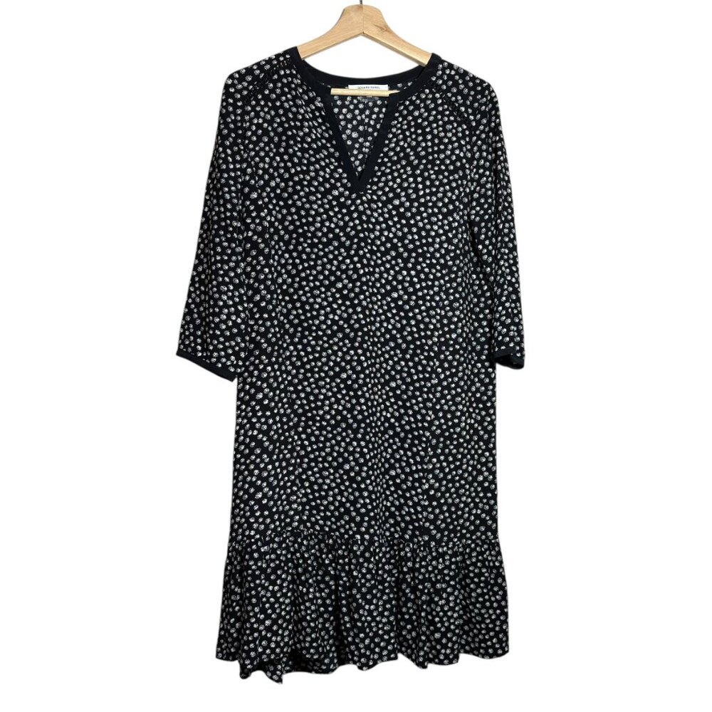 Gerard Darel Paris Black Midi Long Sleeve Dress with White Floral Print Size 36